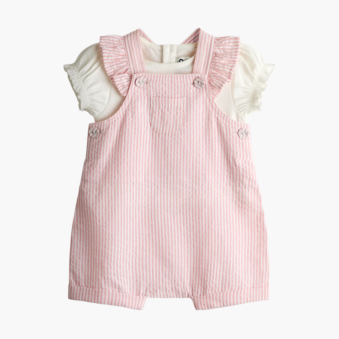 Pink Seersucker Stripe Dungarees & T-Shirt Set