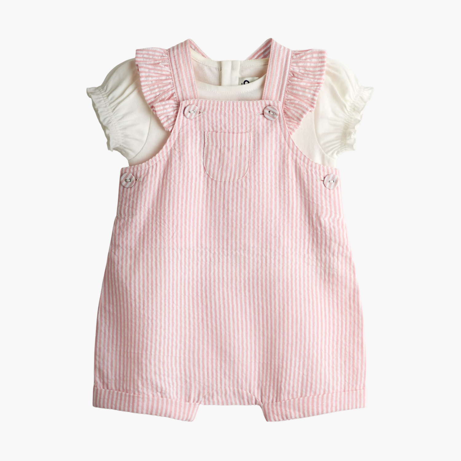 Pink Seersucker Stripe Dungarees & T-Shirt Set