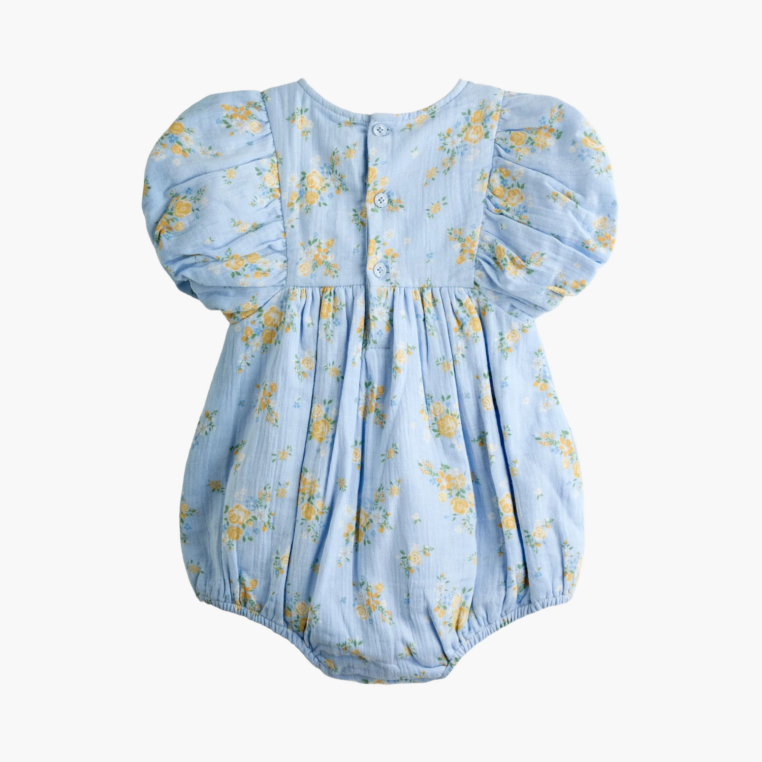 Blue Floral Puff Sleeve Floral Cheesecloth Romper