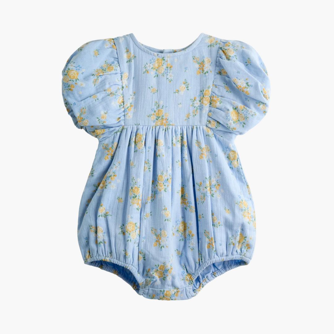 Blue Floral Puff Sleeve Floral Cheesecloth Romper