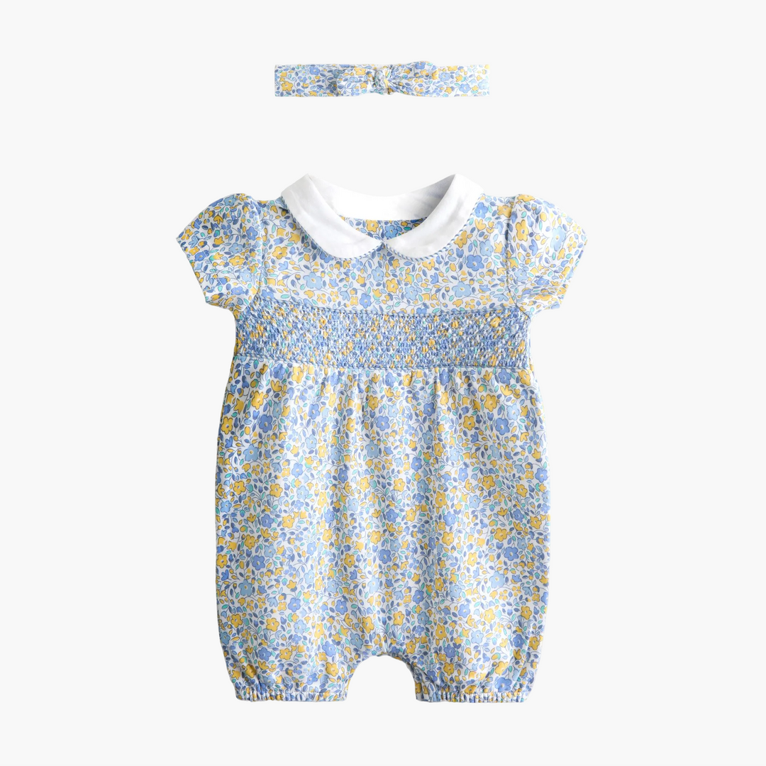 Light Blue Floral Collared Smocked Romper